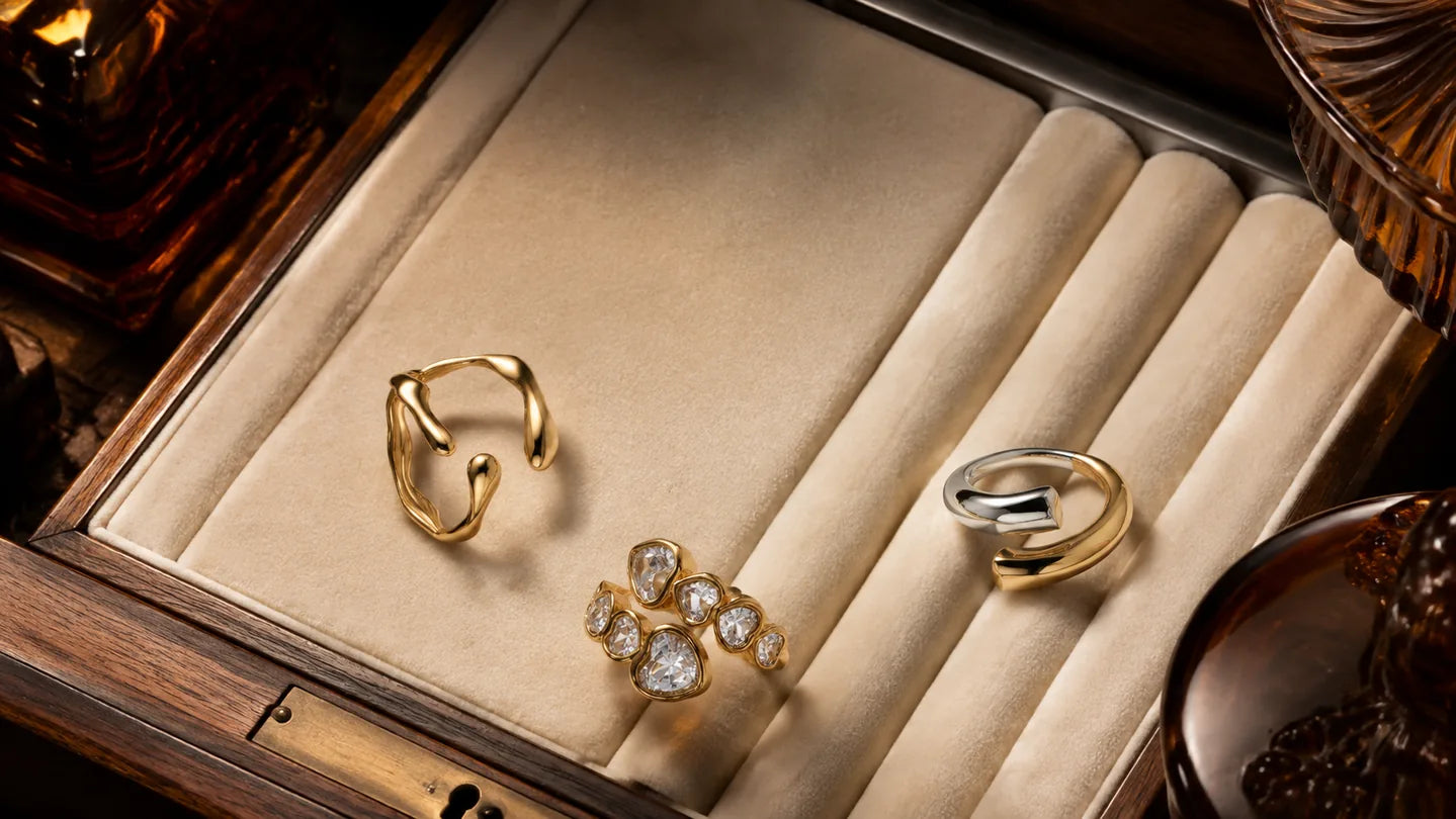 Arley Berlin rings arranged in a velvet jewellery case